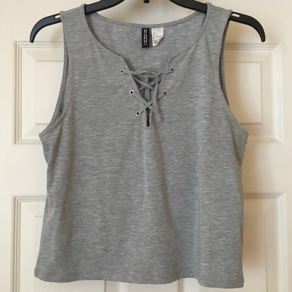 H&M Gray Lace-Up Front Cropped Tank Top Large L - Picture 3 of 4